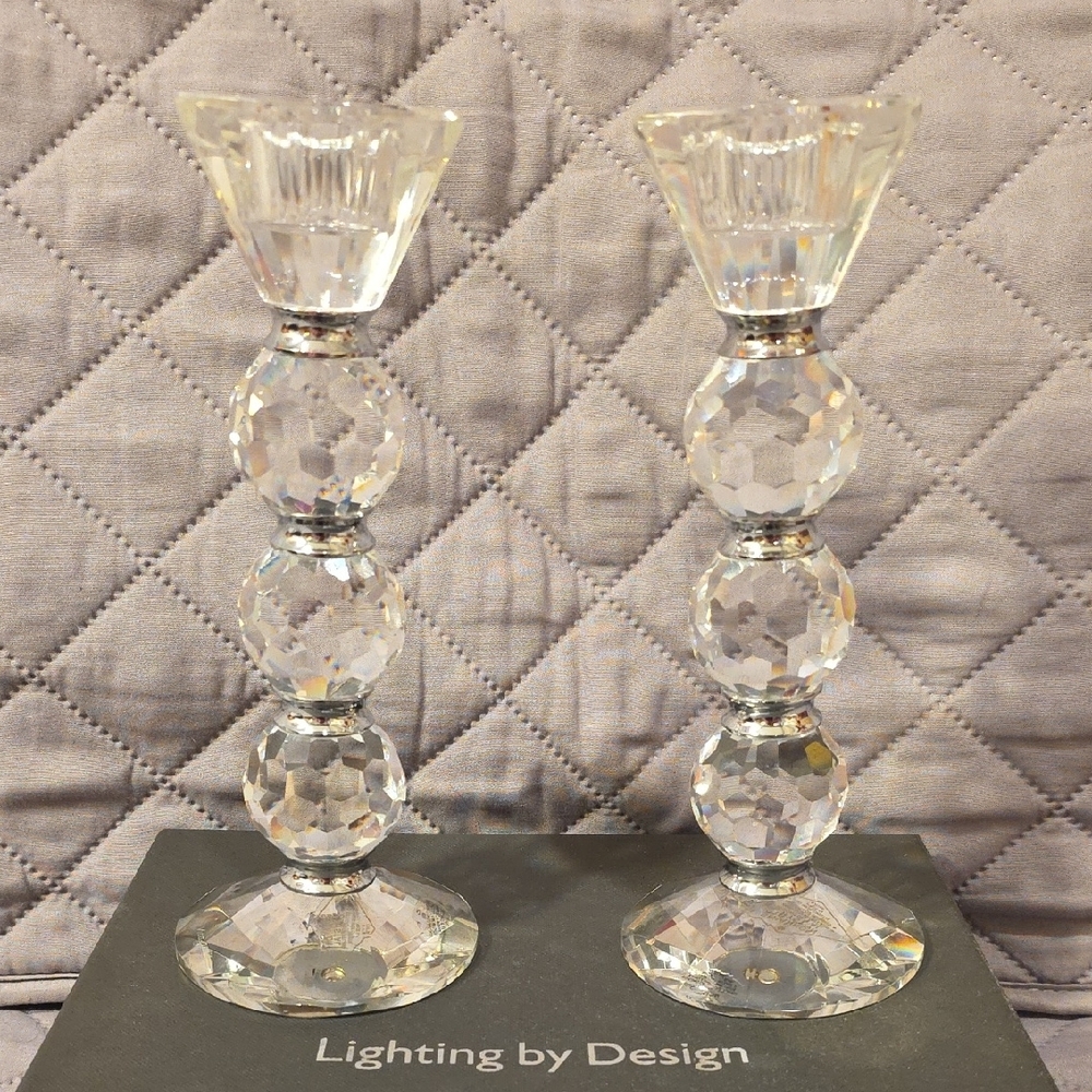 Shannon Afterglow Crystal Candlesticks Pair with Silver Accent Bands - Picture 3 of 13